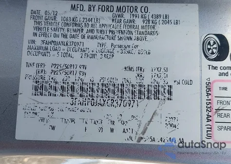 2012 Ford Fusion Sel z USA, uszkodzony, nr VIN 3FAHP0JAXCR370971